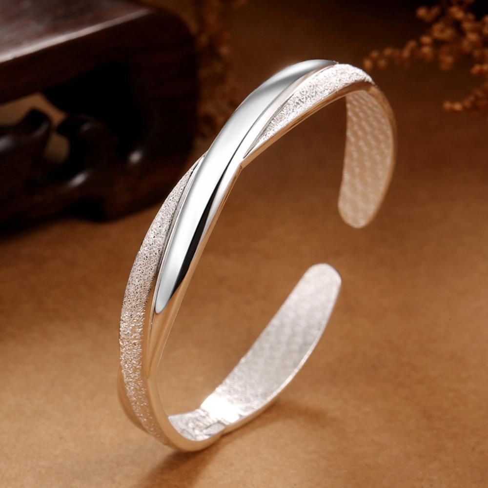 

Matte Finish Open Bangle Silver Plated Love Bracelet for Women Interwoven Design Jewelry