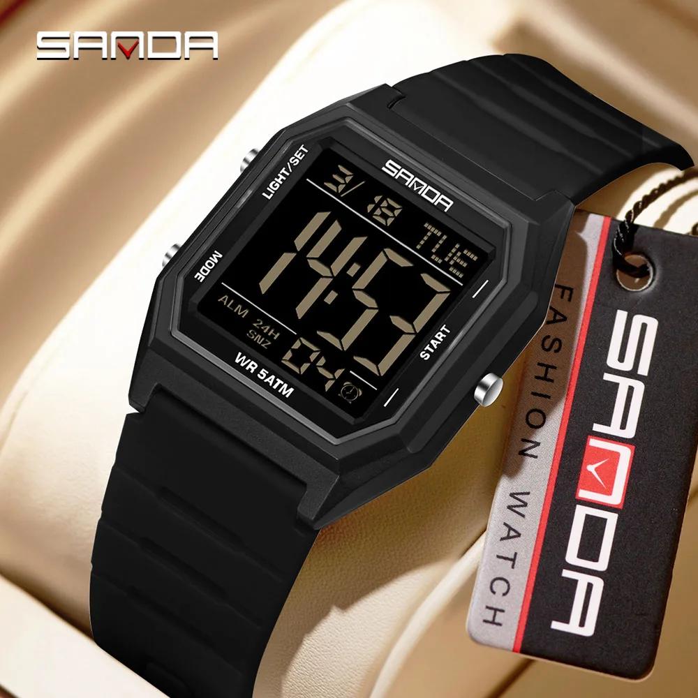 SANDA 6355 Fashion Student Electronic Watch Square Multi Functional Waterproof LED Night Light Outdoor Sports Men's Watch Reloj