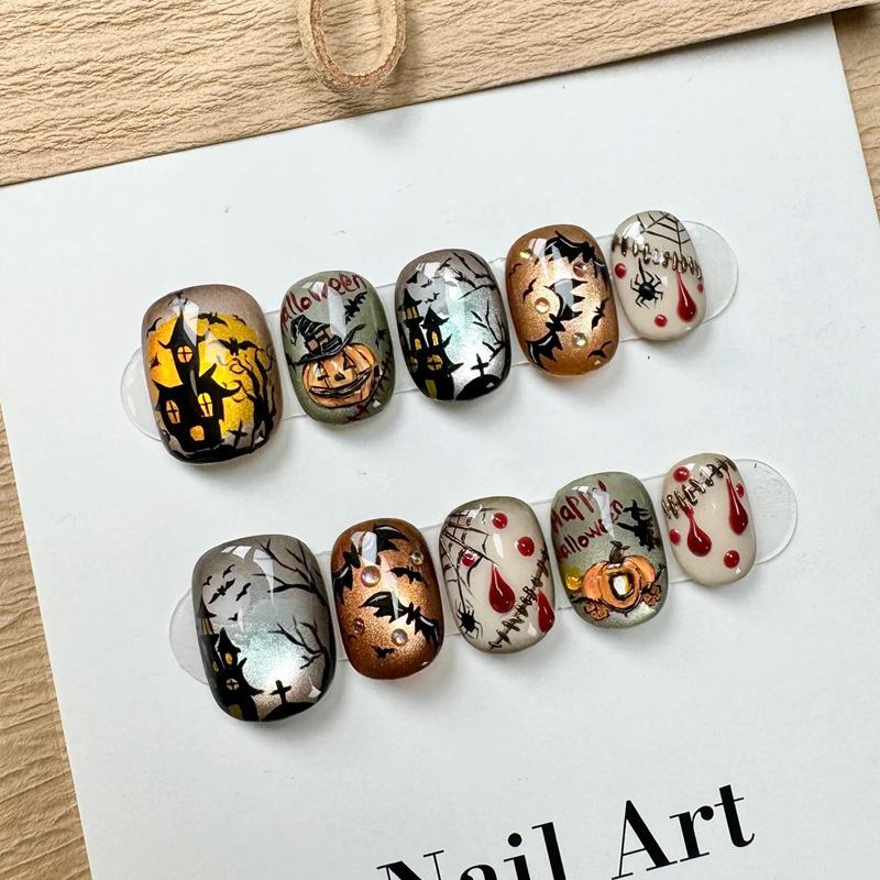 

BEPAN 10pcs Halloween Doodle Pumpkin Bat Press on Nails Simple Nails Full Cover Wearable False Nails