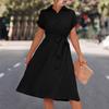QICED Spring Summer Solid Color Print Short Sleeve POLO Neck Slim Shirt Lace-up Dress