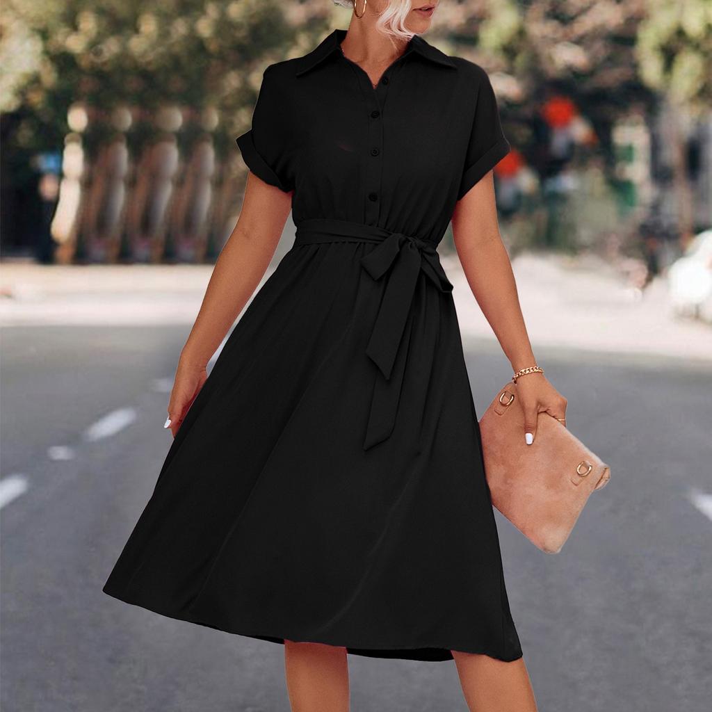 QICED Spring Summer Solid Color Print Short Sleeve POLO Neck Slim Shirt Lace-up Dress