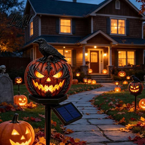 Weather Resistant Lighting Solar Halloween Pumpkin Garden Stake Light Waterproof Resin LED Spooky Porch Decor Lantern Yard for Outdoor Patio