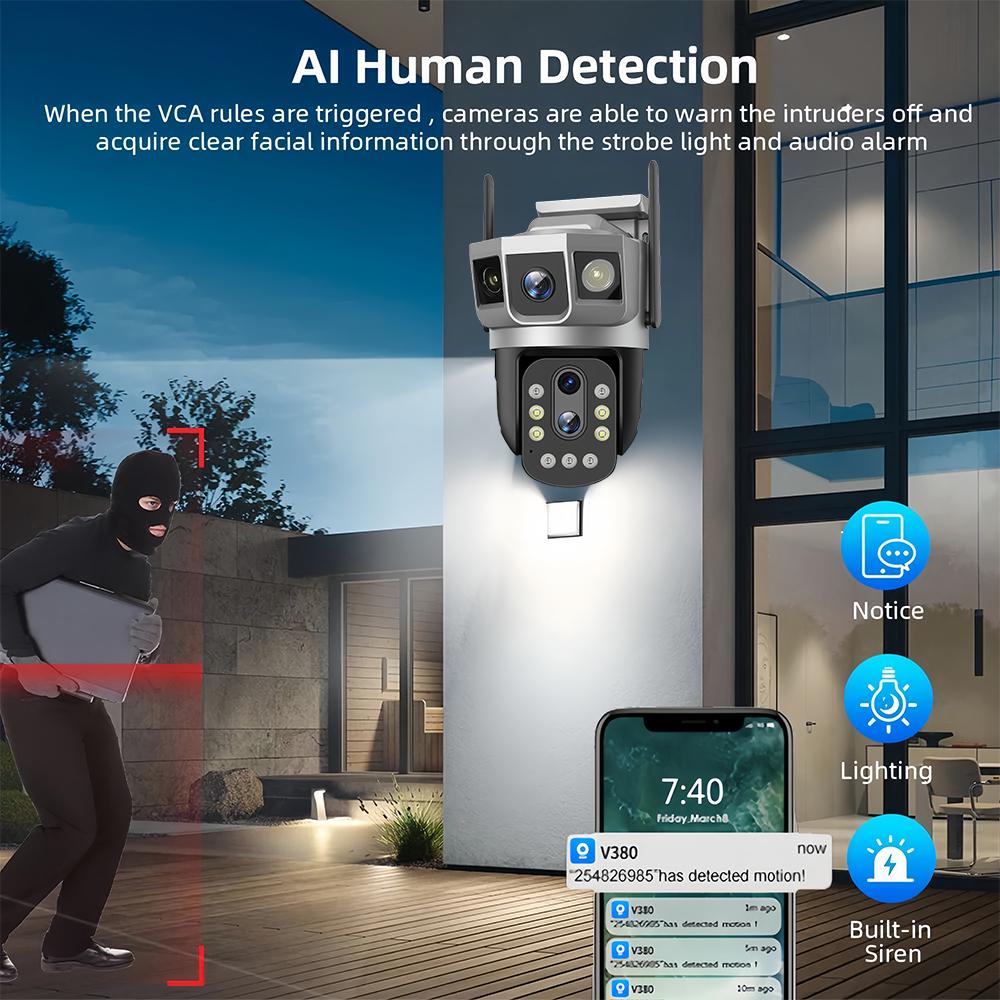 4G SIM Card 6K12MP 10x Zoom HD Surveillance Triple Screen Camera Smart Security Protection PTZ IP Motion Detection CCTV