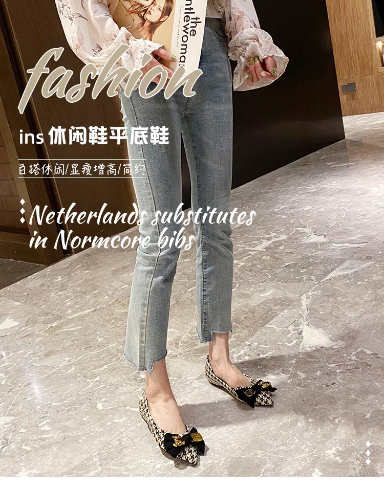 pointed head shallow mouth single shoes women's spring and summer flat bottom new plaid material four seasons shoes boat ladyshoes single large size