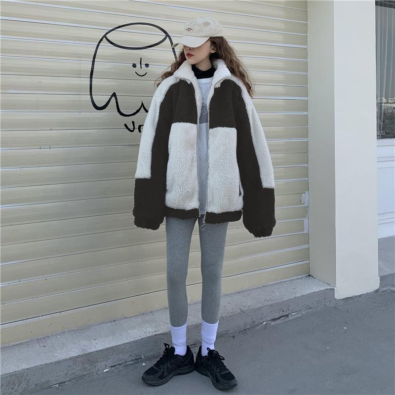 Elegant Coat Women Autumn Winter Warm Soft Zipper Patchwork Jacket Female Plush Overcoat Pocket Casual Outwear
