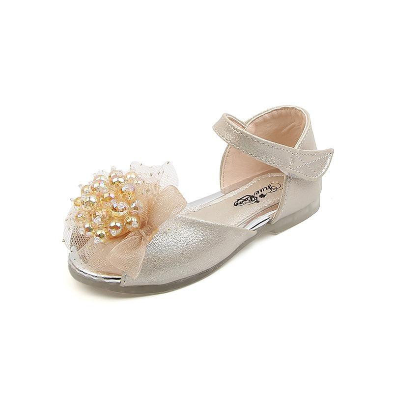 Lace Pearl Big Flower Princess Sandals, Crystal Soft Sole Peep Toe Shoes for Girls