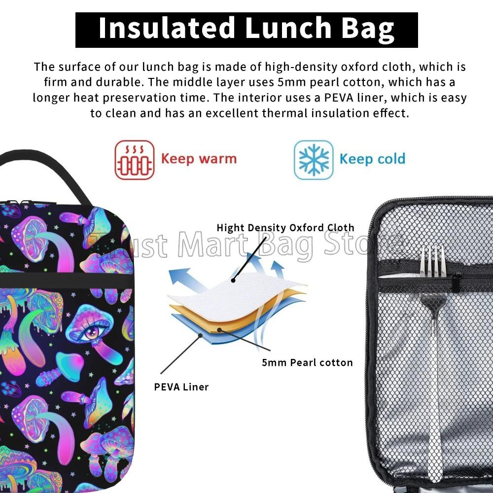 Psychedelic Mushrooms Colorful Hippie Boho Lunch Bag Portable Insulated Lunch Bag Reusable Cooler Totes for Picnic Camping