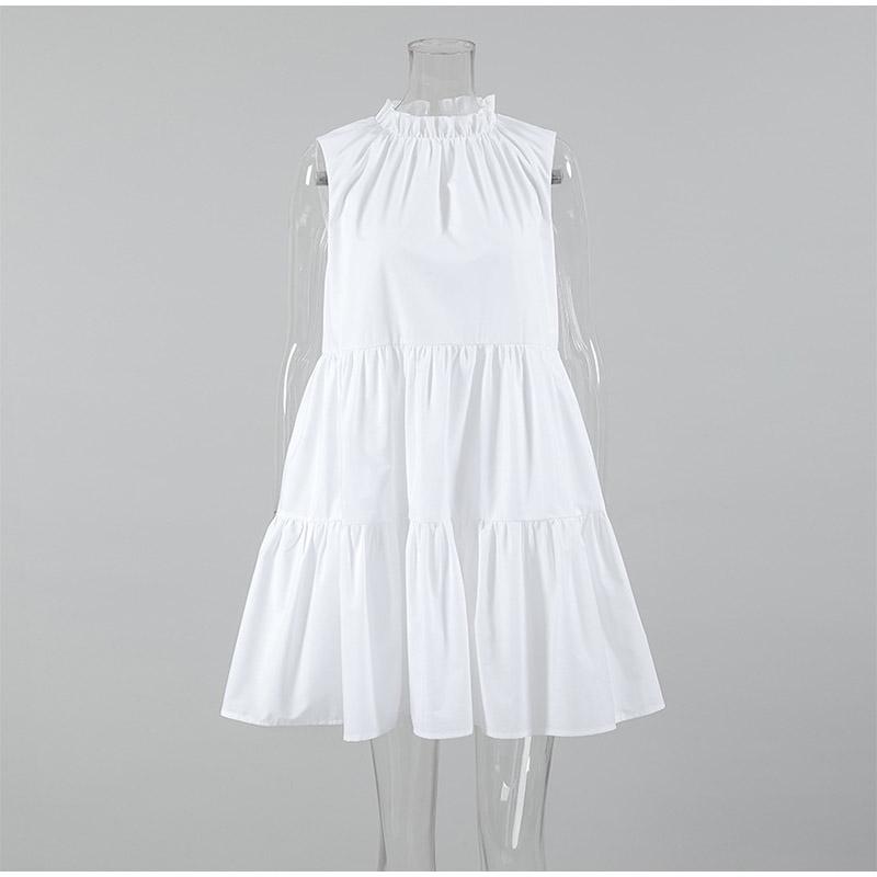 Elegant Ruffles Short A-line Dress Women Lace Up O-neck Sleeveless Vacation Dresses  Lady White Party Dress