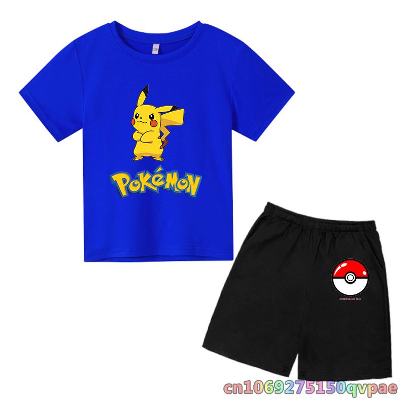 Children's Clothes Cartoon Summer Kids Animal Pokemon T-shirt Set Boys' Clothing  Leisure Cotton Pikachu Print Short Sleeve