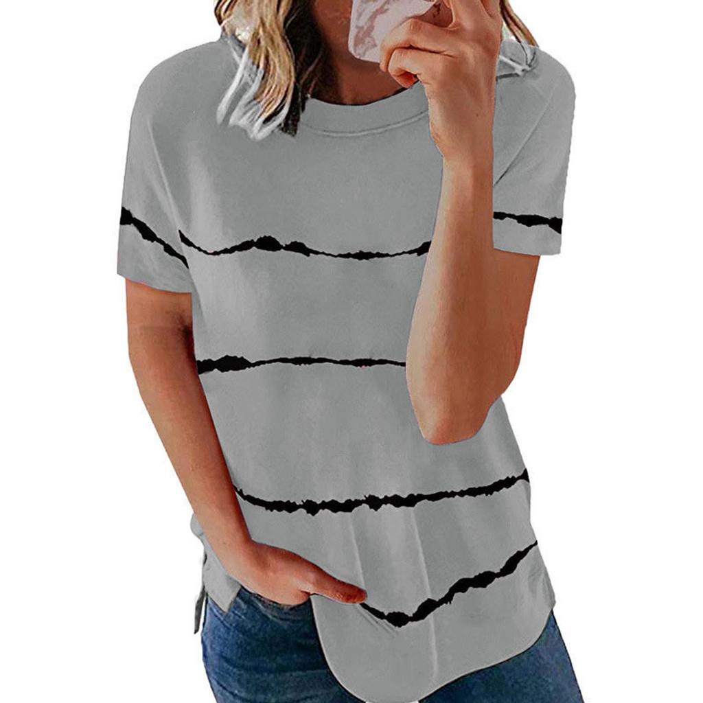 Fashion Women's Loose Short Sleeve T-shirt Round Neck Stripe Print Tops
