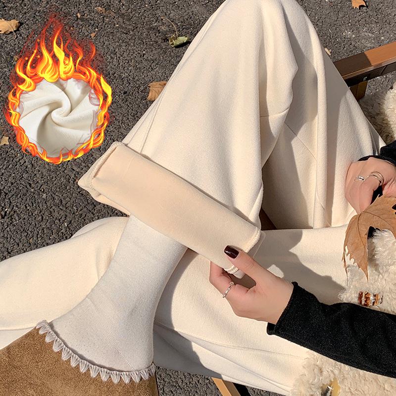 Off-white Wool High-Waisted Wide-Leg Pants for Women - Autumn/Winter, Plus Velvet, Slimming Fit.