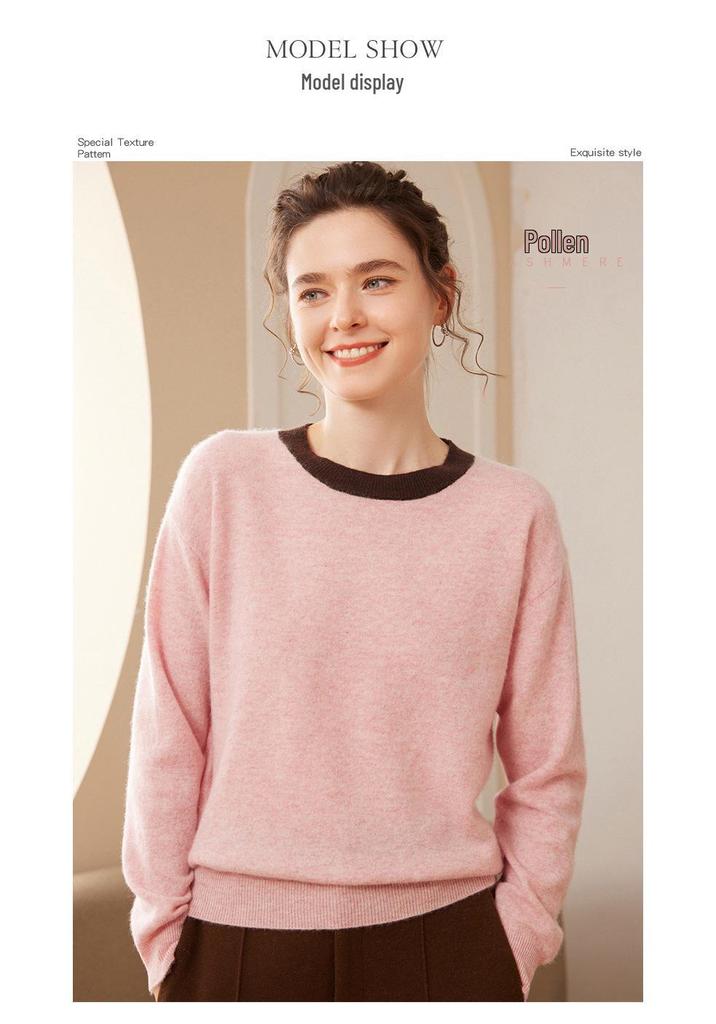 2024 A/W Women's Cashmere Knit Base Layer: Long Sleeve, Round Neck, Color Block, Warm, Comfortable Sweater