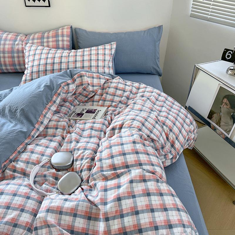 Washed Skin-friendly Bedding Set Sheet Pillowcase Quilt Cover Lattice