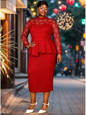 Elegant Plus Size Lace Dress with Ruffle Waist for Wedding Guests