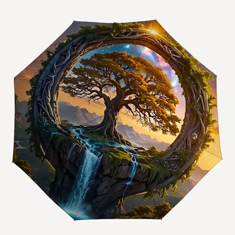 1pc Fantasy Landscape with a Mystical Tree Automatic Opening and Closing Umbrella - Suitable for Various Occasions, Outdoor Activities, Lightweig
