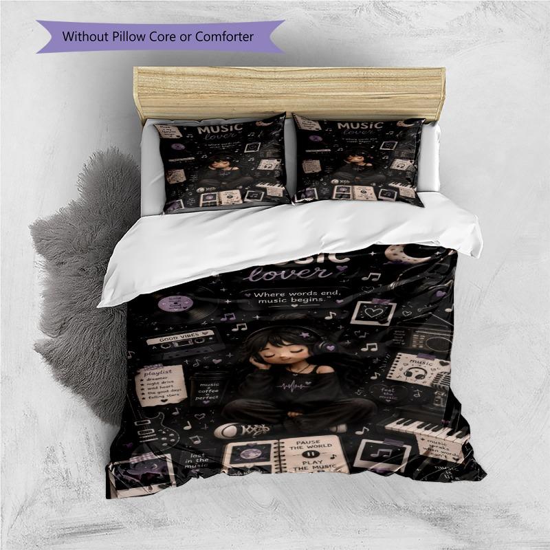 Music Lover Girl Vinyl Record Print 3 Pieces Duvet Cover Set Music Theme Bedding Set Bedroom Home Decor Without Pillow Core Comforter
