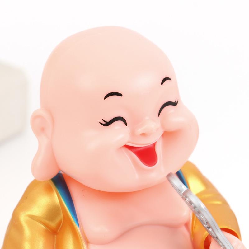 Online Solar-Powered Wooden Little Monk Car Figurine - Buddha Decoration