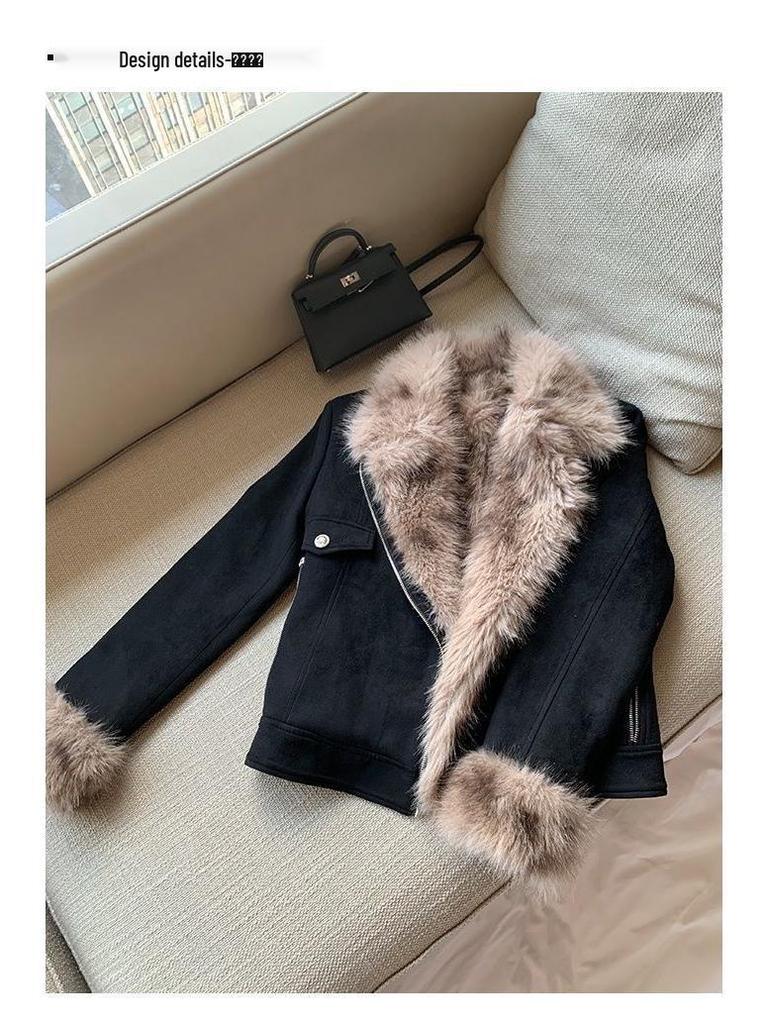 Women's Black Shearling Fur Collar Short Slim Fit Biker Jacket - Autumn/Winter Thickened Coat