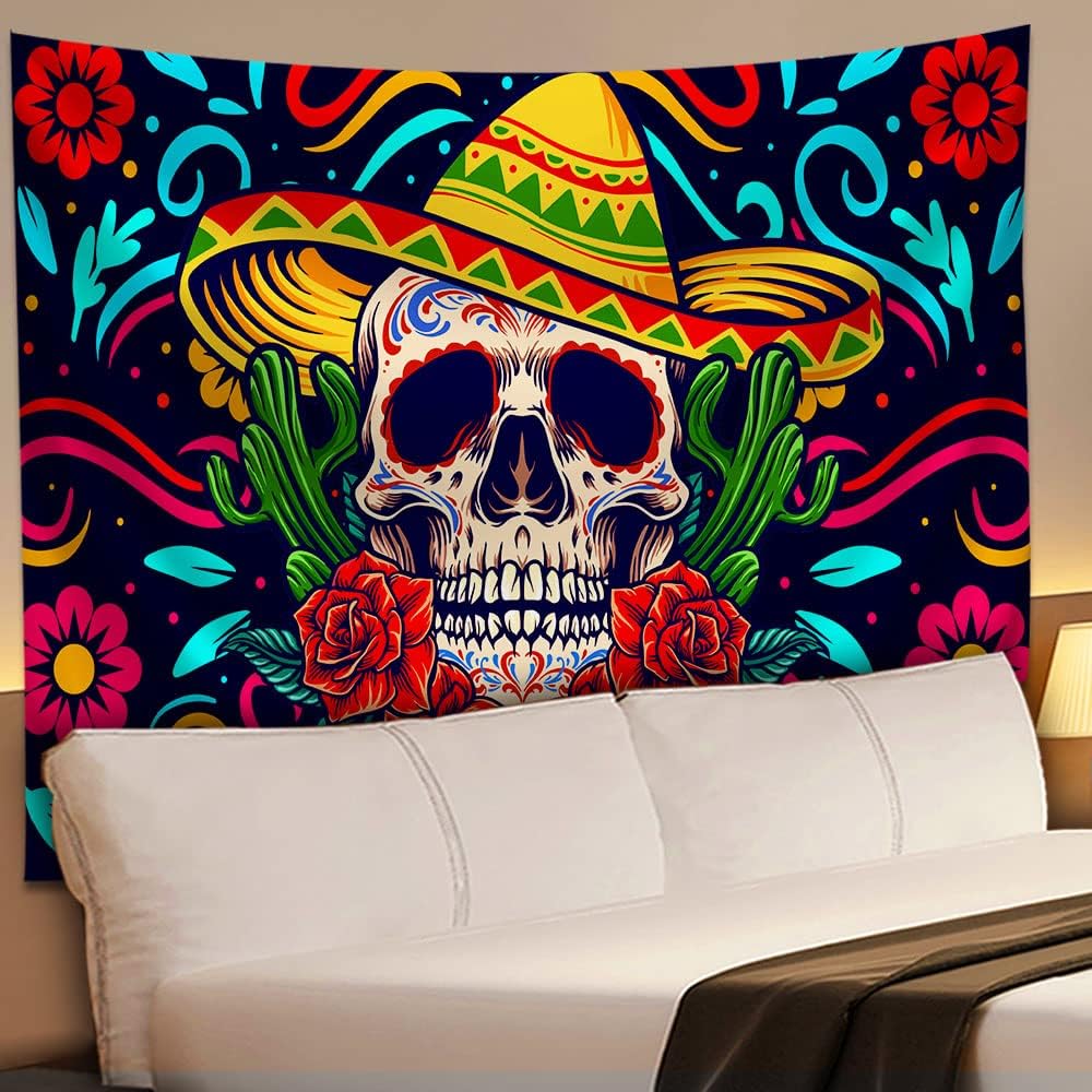 Trippy Skull Tapestry Psychedelic Mexican Sugar Skull Tapestry Botanical Flower Cactus Peach Skin Fabric Wall Art Tapestries for