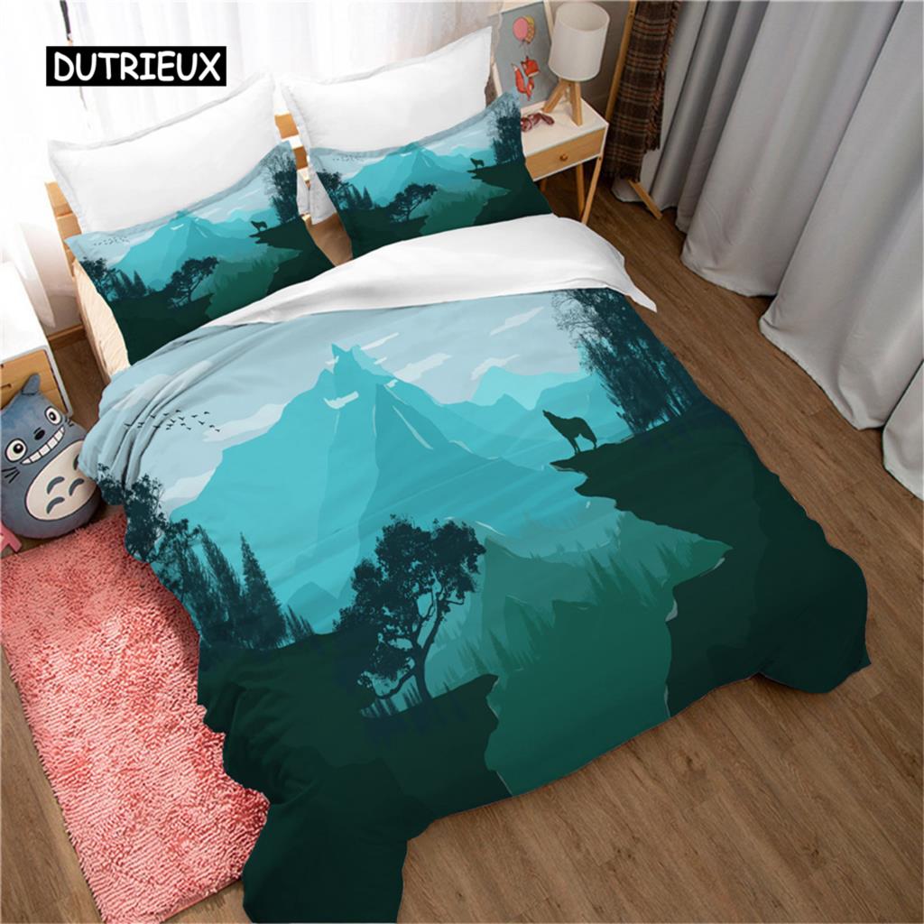 Bettbezug-Set mit Bergmotiv, Wald und helles Mondlicht, Elchlandschaft, Bergbettwäsche-Set, Kingsize, weicher Bettbezug aus Polyester