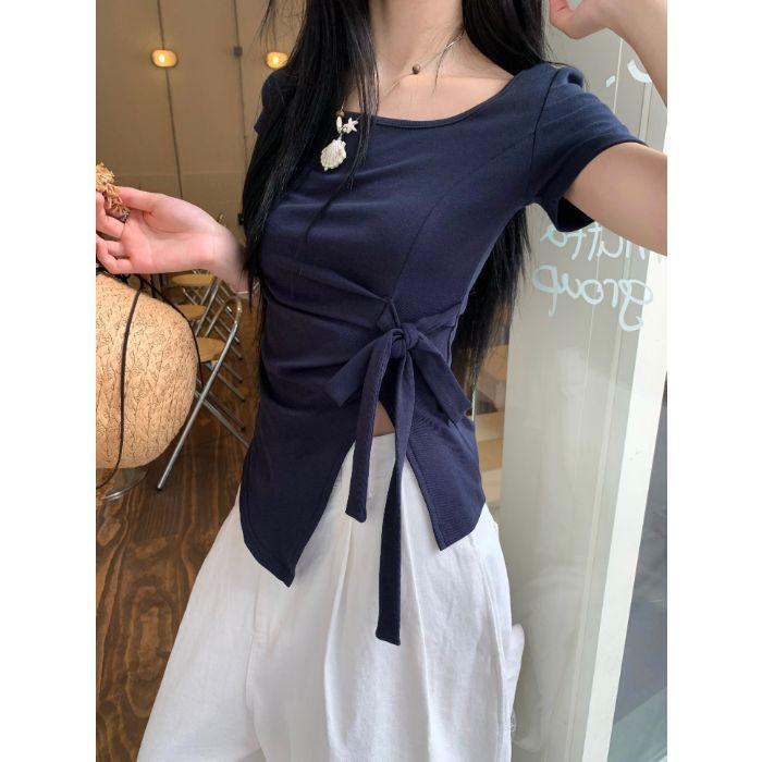 Irregular summer bottoming shirt large size women's short drawstring T-shirt short sleeve T-shirt round neck niche v-neck strap French