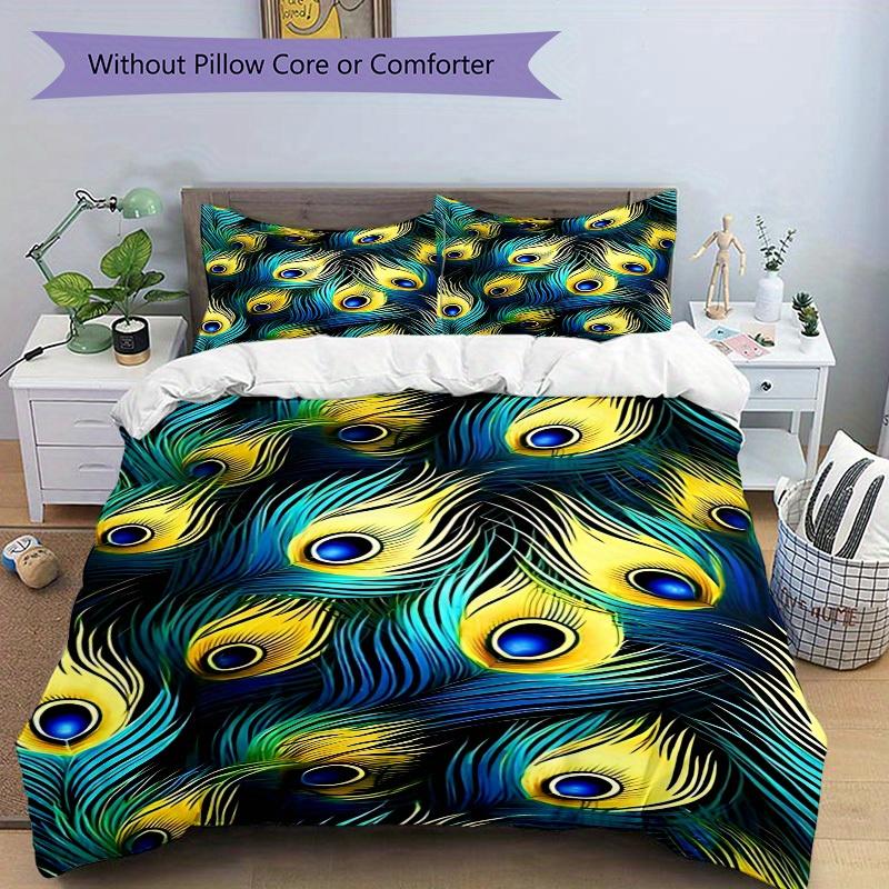 3Pcs Peacock Feather Pattern Printed Bedding Set, Breathable And Soft,(Includes 1 Duvet Cover And 2 Pillowcases, Quilt Not Included) Yy250815164
