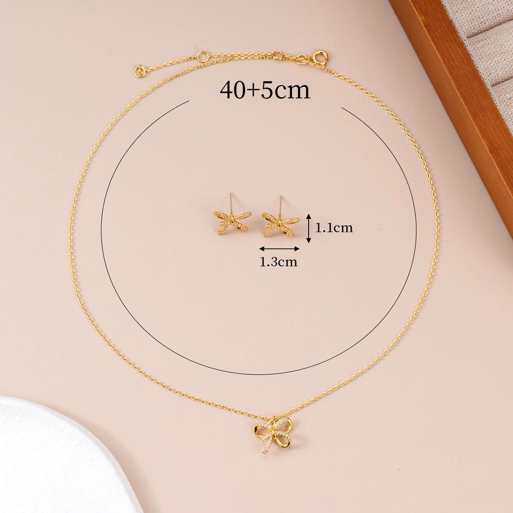 18k Gold-Plated Bow Pendant Necklace & Moissanite Earring Set