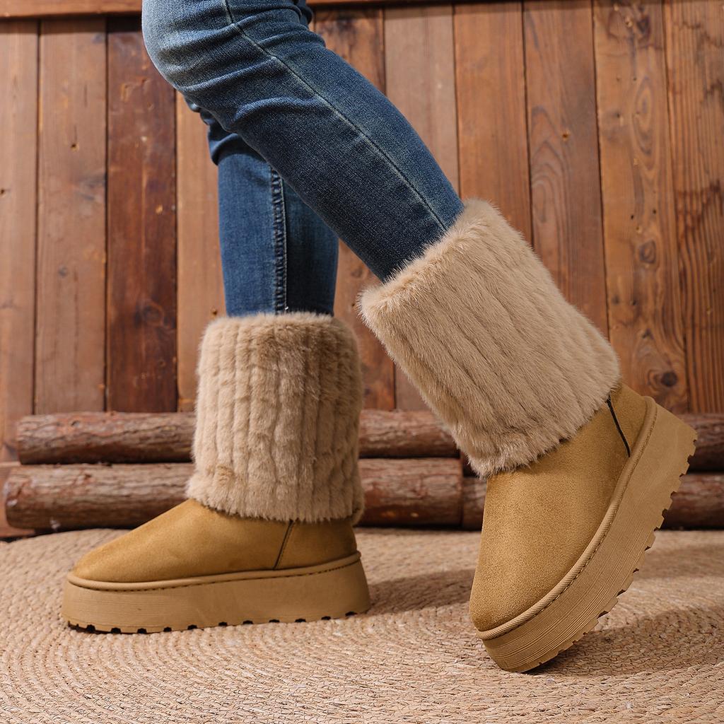 Women's Wide Width Mid-Calf Platform Snow Boots - Faux Fur Lined Winter Boots for Outdoor Wear, Thick Sole Cozy Boots