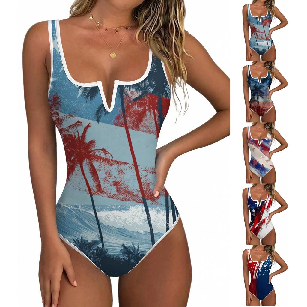 Womens Swimsuit Flag Patriotic Tank Print Scoop Back V Neck Bathing Suit