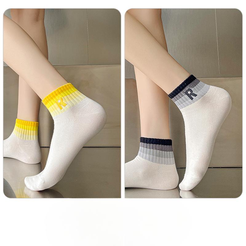 Women's Summer Thin Combed Cotton Short Socks and Women's Embroidered Boneless Sports Boat Socks