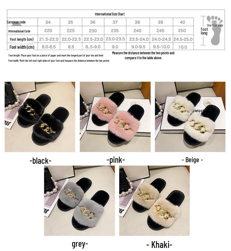 Women's Autumn/Winter Furry Slippers with Metal Chain - Fashionable Warm Flat Fur Slippers
