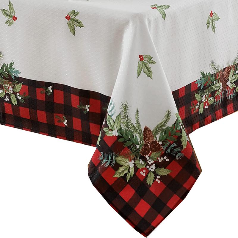 Plaid Wreath Border Christmas Tablecloth Rectangular Dining Table Stain -Resistant Decorative  Year 'S Dinner Tablecloth