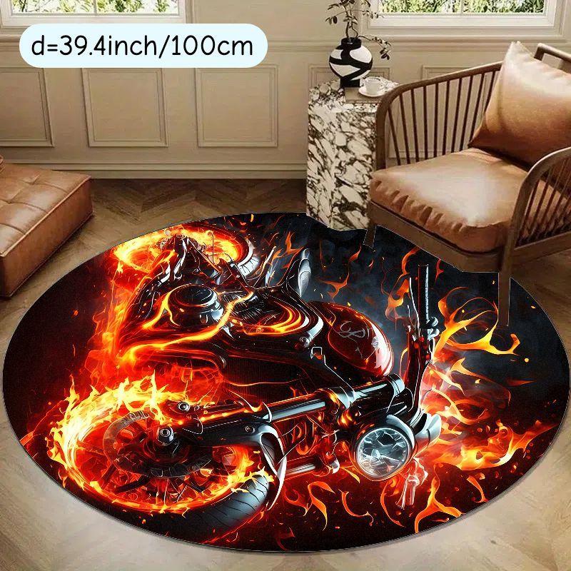 Flaming Motorcycle Round Rug Biker Rebel Style Flannel Floor Mat for Man Cave Garage Game Room Decor Fiery Non Slip Washable