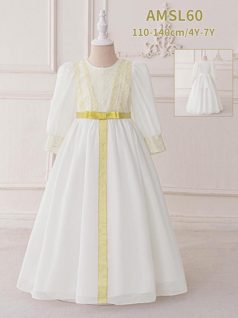 Orientalisches Weißes Chiffon Muslimisches Ballkleid mit Stickerei und langen Ärmeln