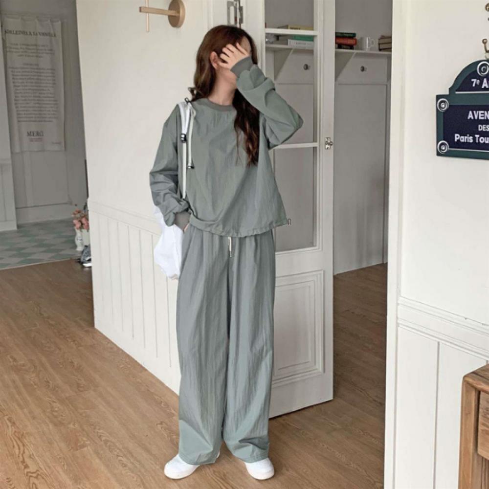 New Arrivals Open Run Women Street Style Crinkle Sweatshirt And Wide Pants Set