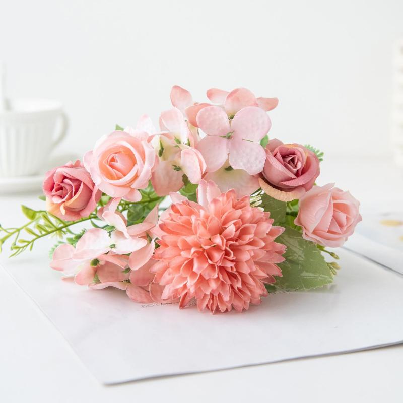 Artificial Fake Flower Bouquet Rose & Hydrangea Silk Flowers for Home Vase Bridal Shower Decor Photo Studio Floral Props