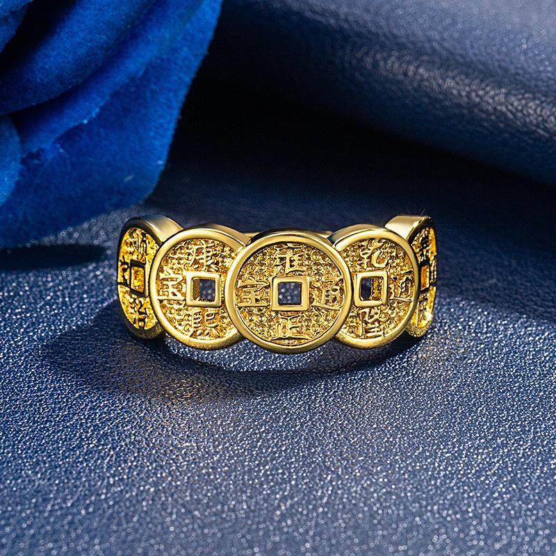 Retro Five Blessings Copper Coin Ring: Antique Style Wealth-Attracting Index Finger Band for Men and Women