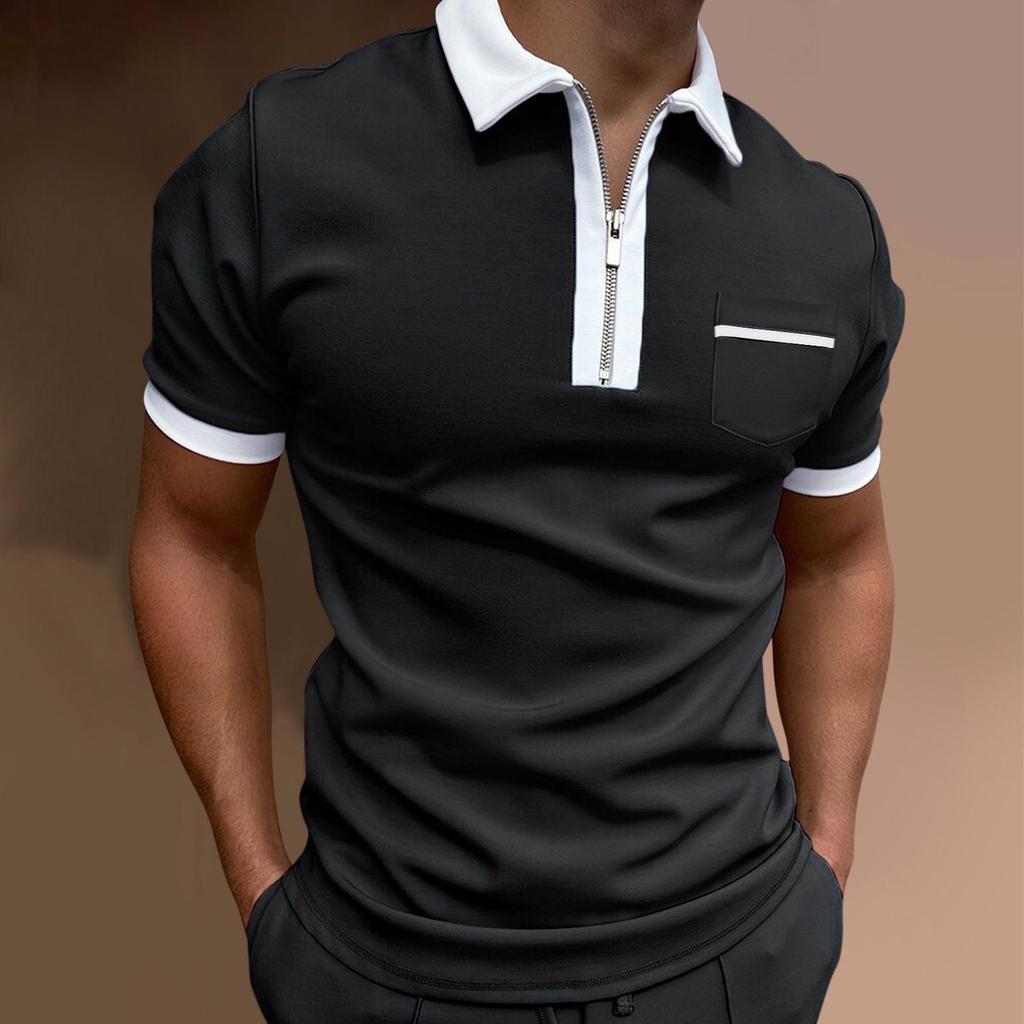 Men's European & American Slim Fit Turn-Down Collar Polo Shirt with Pocket