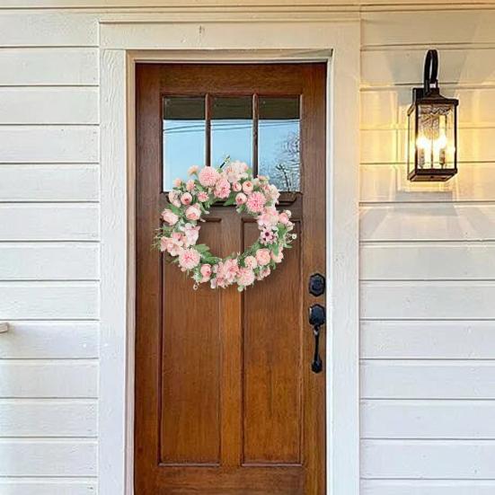 15.75" Spring Wreath Faux Peony Wreath Artificial Hydrangea Peony Flower Wreath with Green Leaves for Home Front Door Wedding Wall Decor