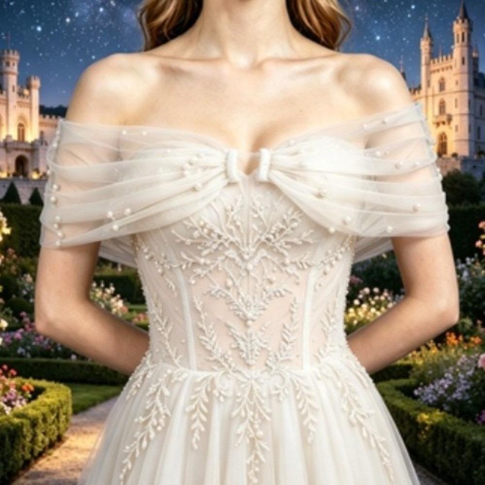 Solid Color Off Shoulder Sleeves With Pearls Detachable Shoulder Straps  Party