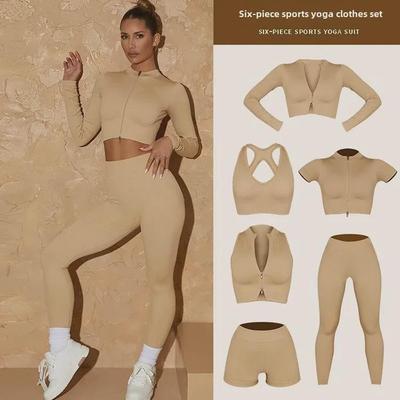 2022 Women's Yoga Set: Stylish Back Bra, Zipper High Collar Vest, Long/Short Sleeve Options, and Sports Pants - 6 Piece Set.