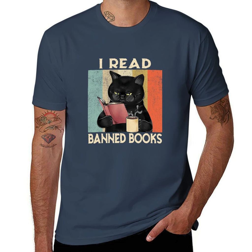 Cat I Read Banned Books Funny Bookworms Tshirt Plus Size Basic Cotton Tshirt