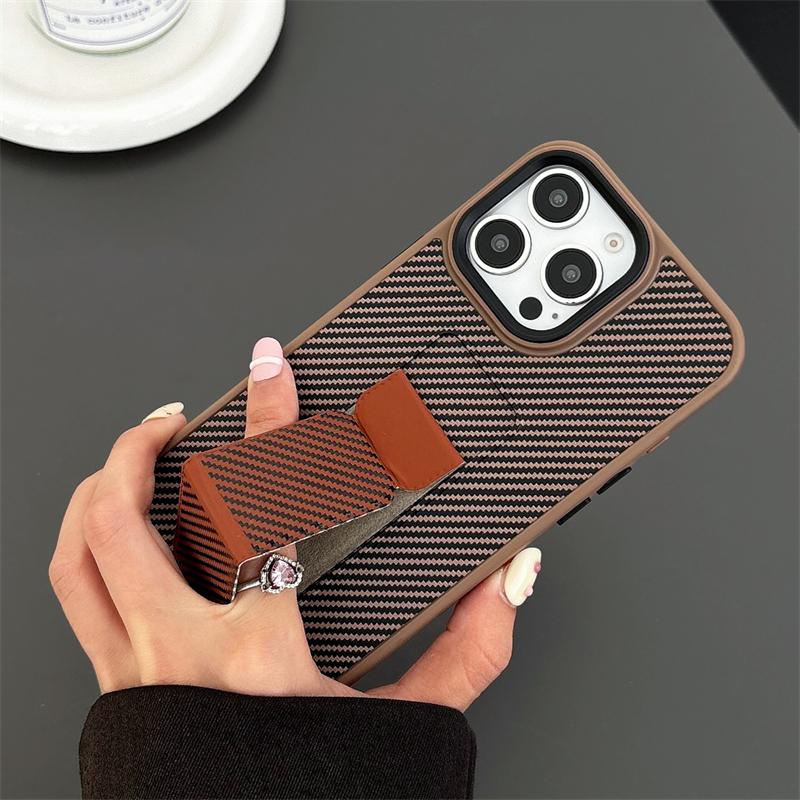 Carbon Fiber Pattern With Folding Push-pull Bracket Phone Case For iPhone 16 Plus 15 14 13 Pro Max Luxury Shockproof Cover