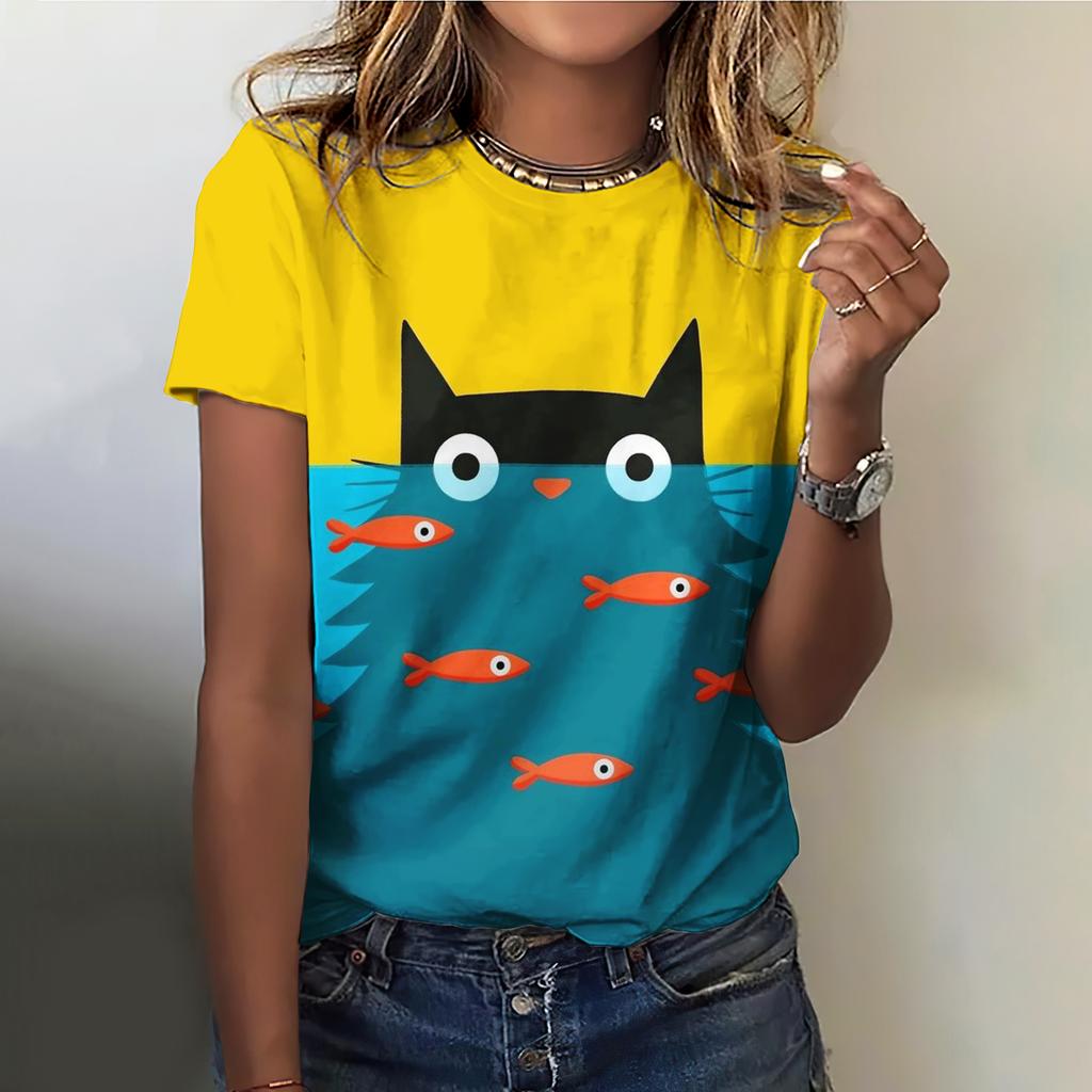 Summer Round Neck 3D Cat Pattern Animal Print Top Fashionable Casual Cute Short Sleeved Women's T-shirts