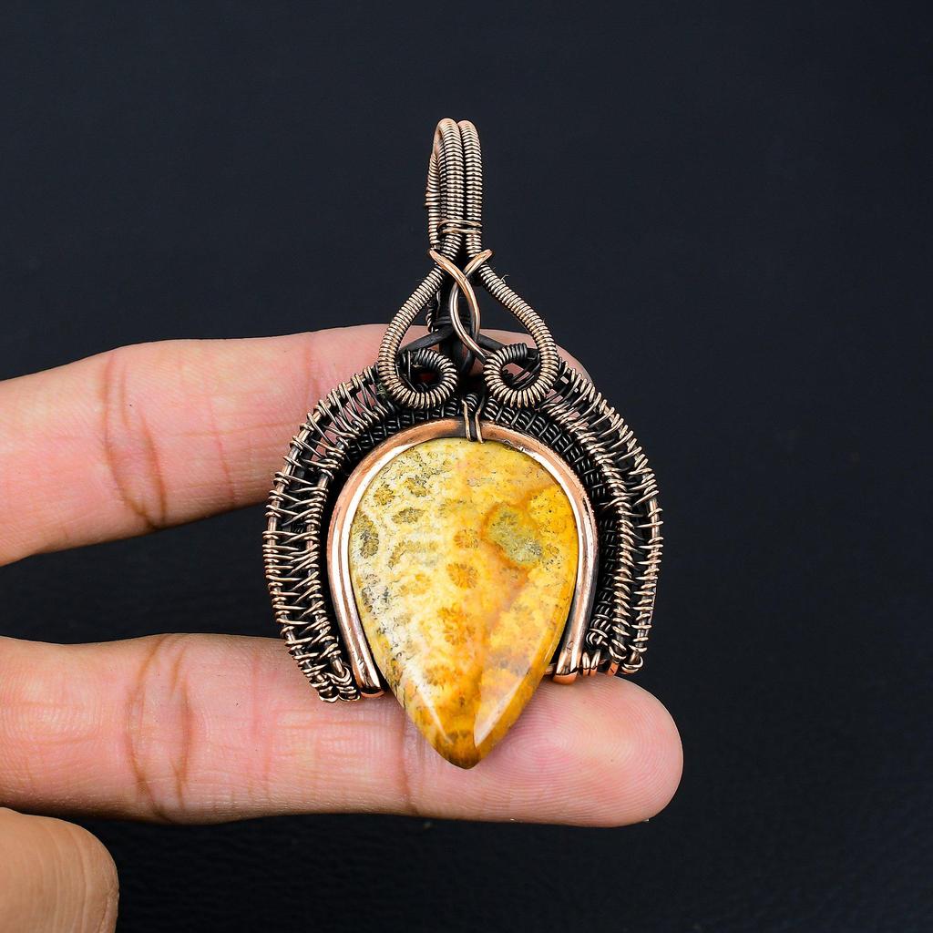 Amazing Fossil Coral Gemstone Handmade Pure Copper Wire Wrapped Pendant Jewelry
