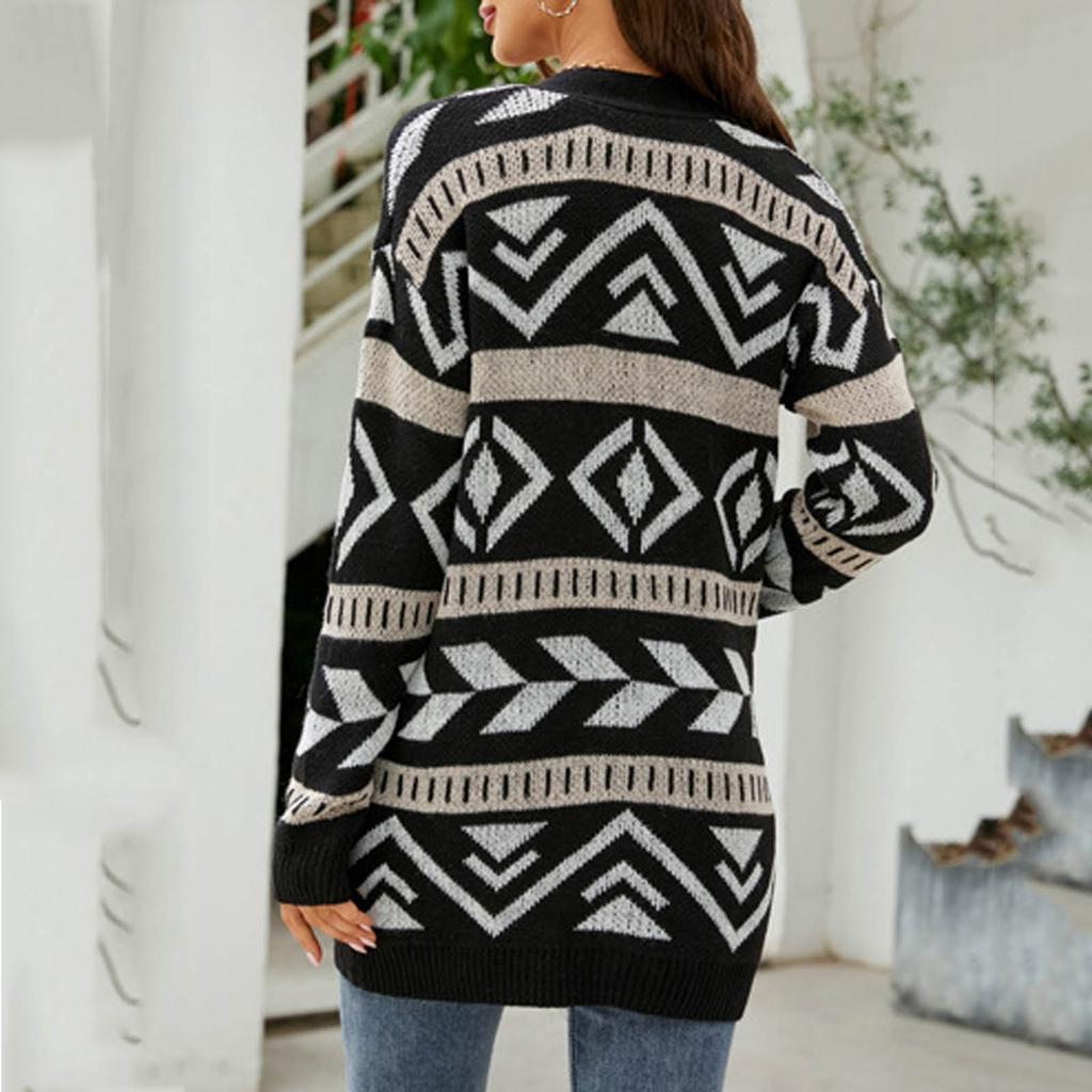 Women's Fashion  And Winter Temperament Lozenge Loose Sweater In Long Knit Cardigan Coat
