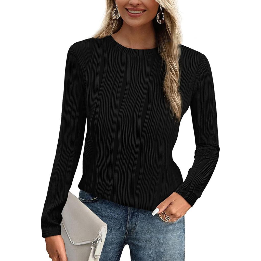 Women's Fashion Round Neck Long Sleeve T-Shirt Solid Color Textured Bottom Top