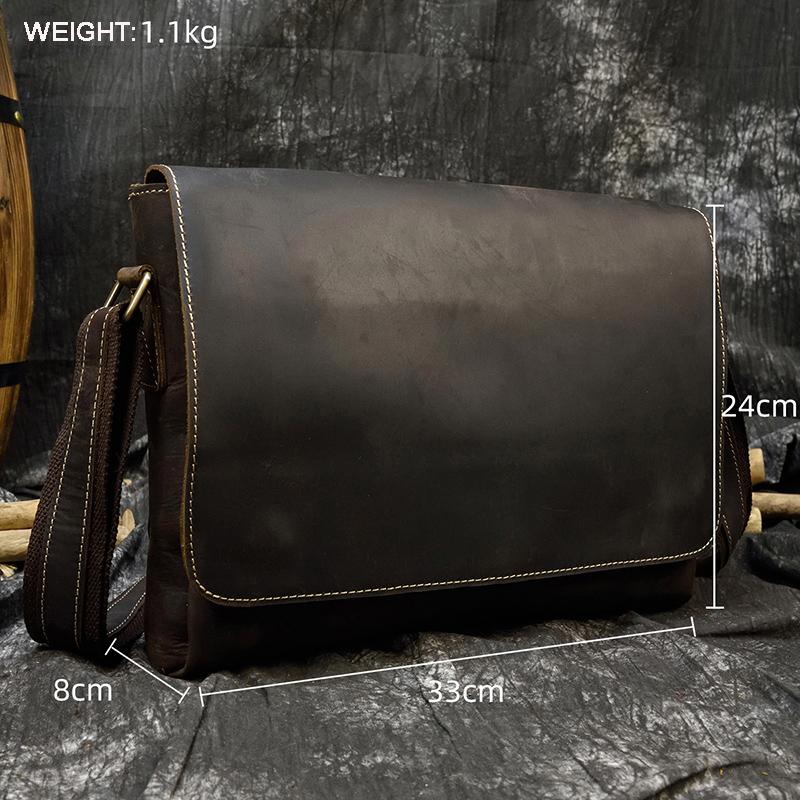 Men's Genuine Leather Shoulder Bag Crazy Horse Leather Crossbody Bag High Quality School bags Leather Messenger Bag for men male