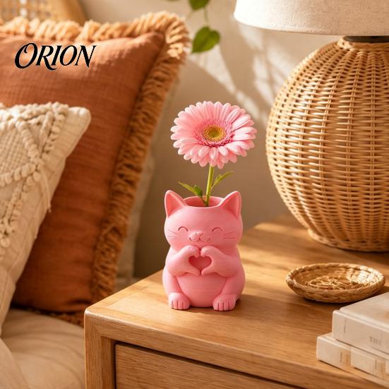 Unique Home Aesthetic Accents 3D Printed Cat Vase, Cute Smiling with Heart?Hand Gesture Flower Holder, Whimsical Studio Display Props Animal Shaped