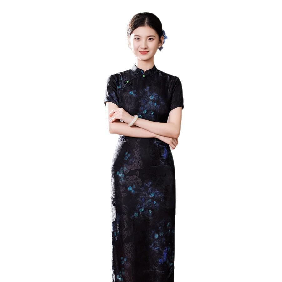 Autumn black cheongsam long 1011 new improved imitation fragrant cloud yarn retro fashion girl Chinese style dress